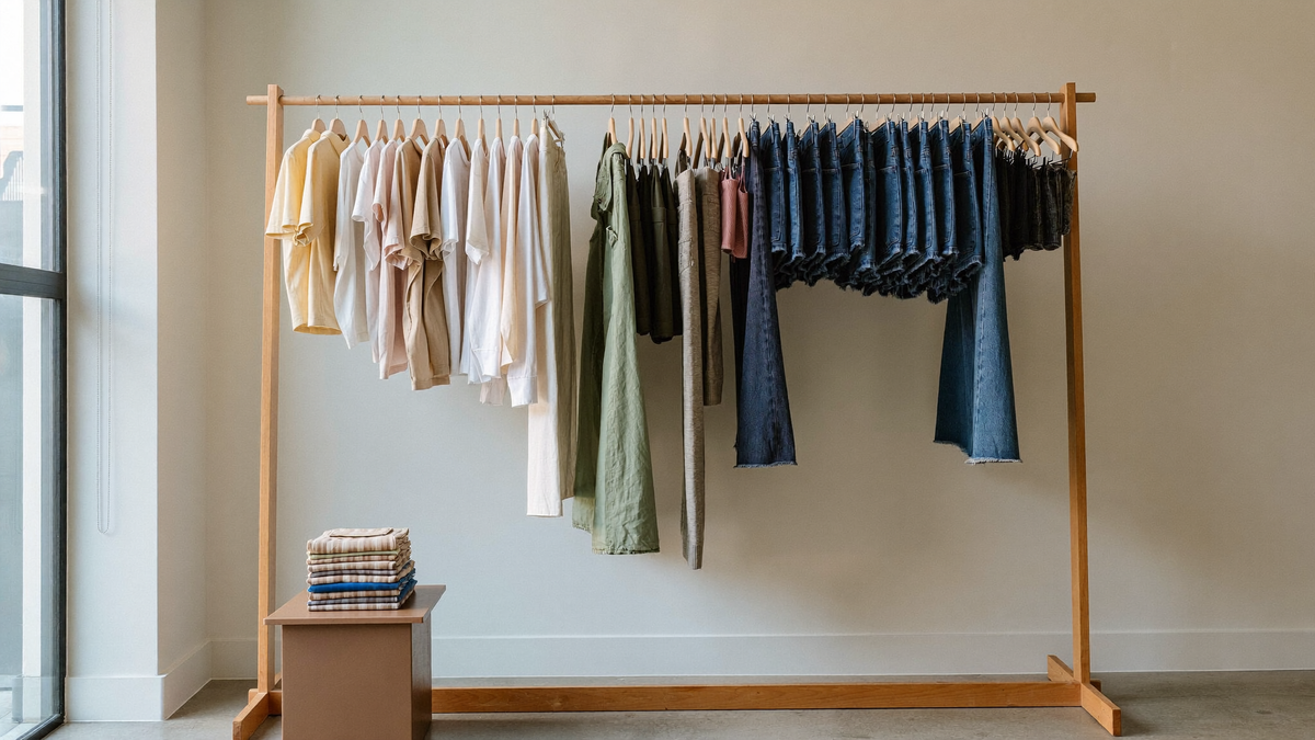 A wooden clothing rail holding cream, olive and denim everyday garments in a bright room