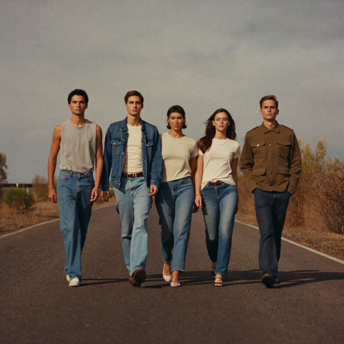 Four people walking side by side on an open road, all wearing denim jeans